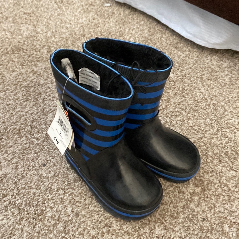 George Blue and Black Striped Rubber Boots with Fuzzy Lining